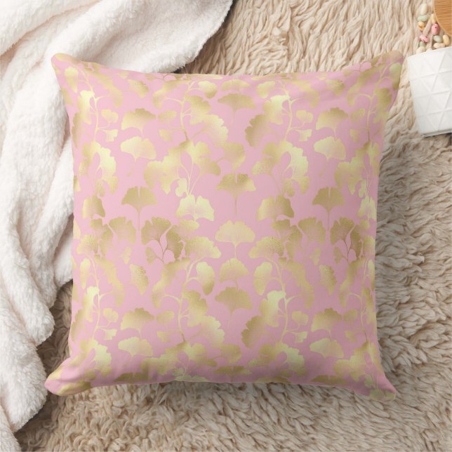 Coussin Motif minimal de feuilles d'or sur fond rose pâle (Couverture)