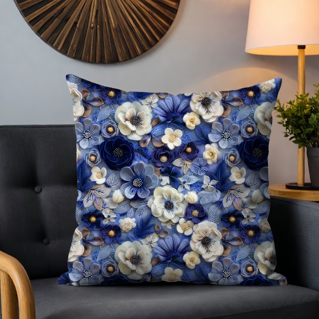 Coussin Motif moderne bleu bleu blanc 3D Floral (Créateur téléchargé)
