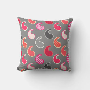 Coussin Motif moderne Paisley, Coral, rose sur gris / gris