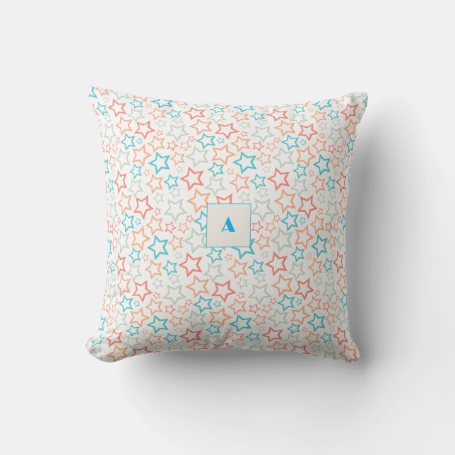 Coussin Motif monogramme étoiles turquoise (Recto)