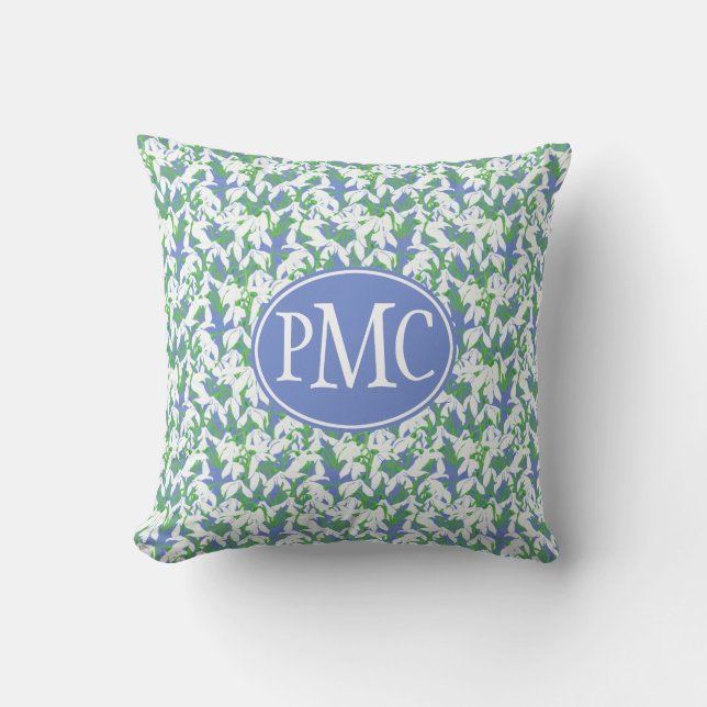 Coussin Motif Monogramme Snowdrops sur Blue (Recto)