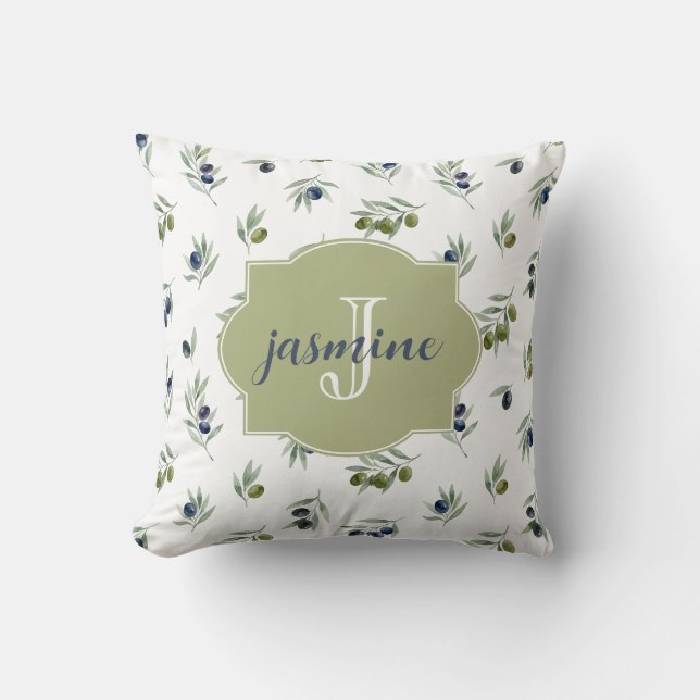 Coussin Motif monogrammé vert olive Aquarelle élégante (Recto)