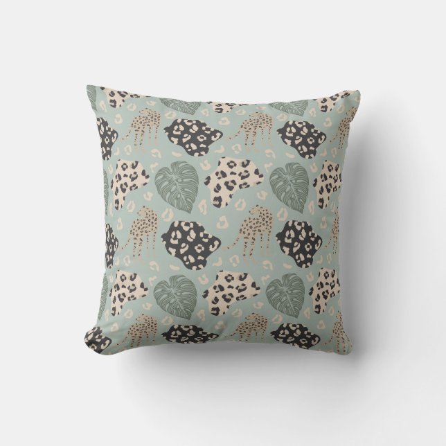 Coussin Motif Monstera Guépard Vert Beige Noir (Recto)