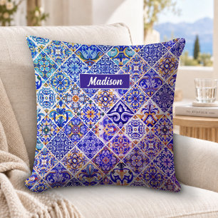 Coussin Motif mosaïque Talavera bleu violet sicilien