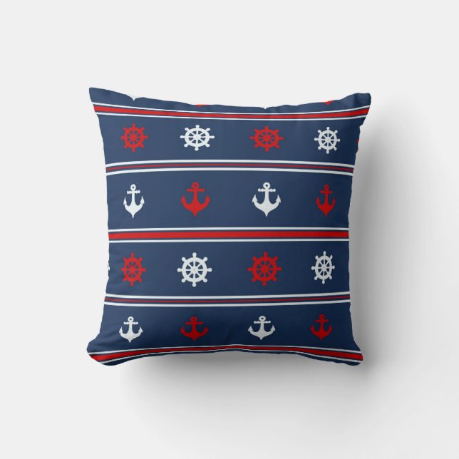 Coussin Motif nautique blanc et bleu rouge (Recto)