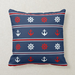 Coussin Motif nautique blanc et bleu rouge