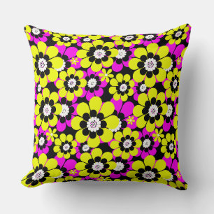 Coussin Motif néon floral lumineux cramoisi et flux jaune