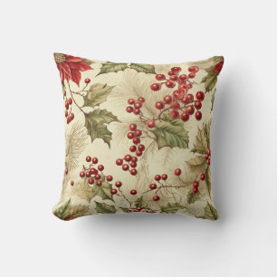 Coussin Motif Noël Fleur de Noël et Baies Vintage