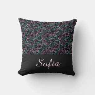 Coussin Motif noir de feuilles stylisées rose et turquoise