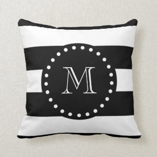 Coussin Motif noir et blanc de rayures, monogramme noir