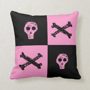 Coussin motif noir et rose de crâne rose de damier