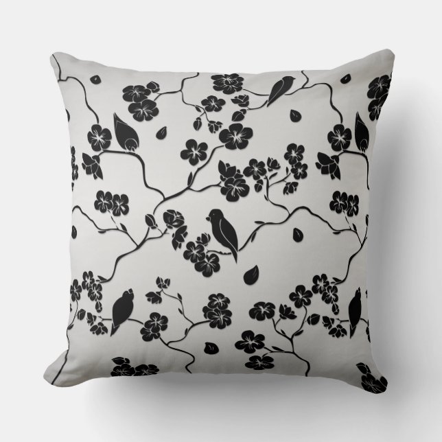 Coussin Motif noir sur oiseaux et fleurs de cerisier argen (Recto)