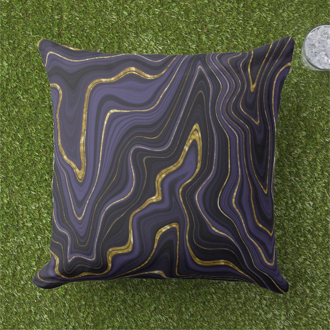 Coussin Motif noir violet foncé et marbre doré (Herbe)