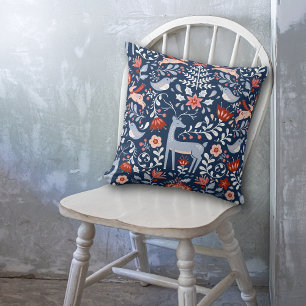 Coussin Motif Nordic Woodland Animaux sur Navy Blue