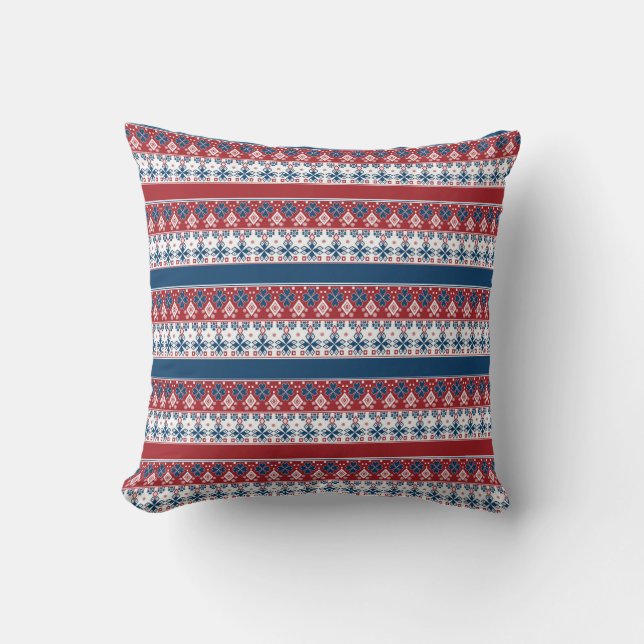 Coussin Motif norvégien rayé bleu rouge (Recto)