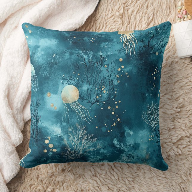 Coussin Motif Océan Corail Méduse Bleu Luxe (Couverture)