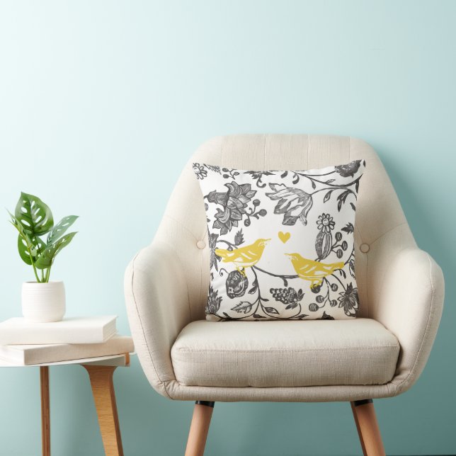 Coussin Motif oiseau floral gris et jaune blanc tendance (Chaise)