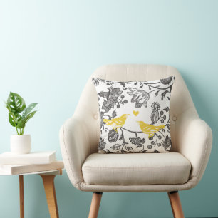 Coussin Motif oiseau floral jaune gris et blanc tendance