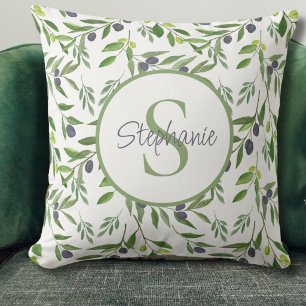 Coussin Motif Olives Aquarelle Monogramme Personnalisé