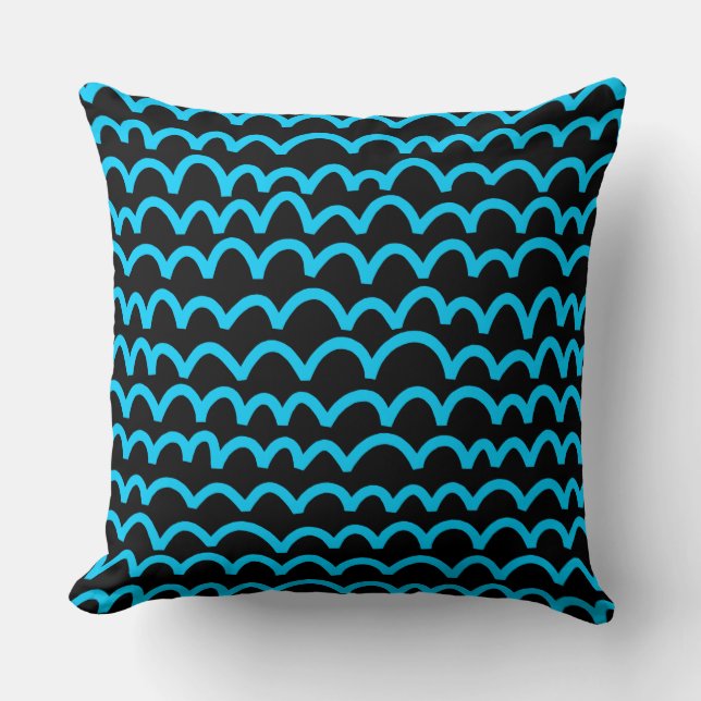 Coussin Motif ondulé - bleu ciel sur noir (Recto)