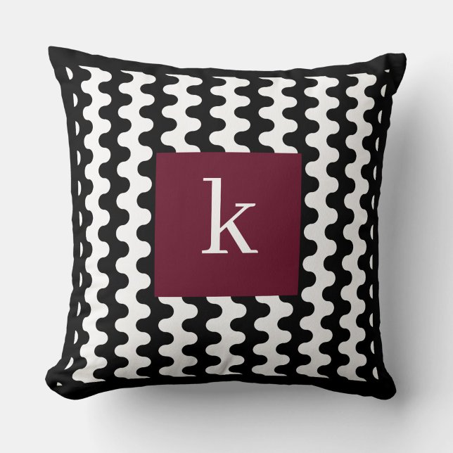 Coussin Motif ondulé gras Monogramme Noir Blanc Bourgogne (Créateur téléchargé)