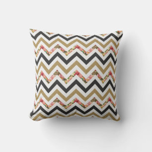 Coussin motif or, beige, noir et rose chevron