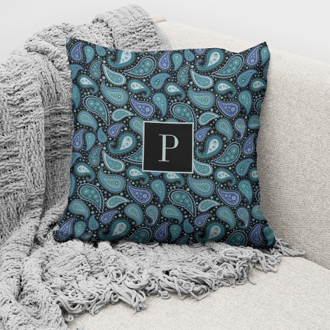 Coussin Motif Paisley Bleu Rétro Élégant Monogrammé (Créateur téléchargé)