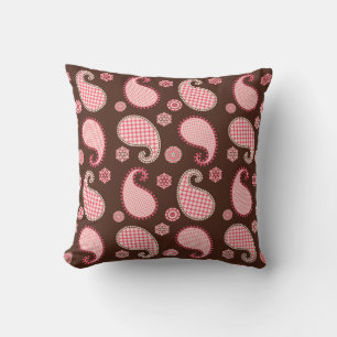 Coussin Motif Paisley, corail rose et chocolat