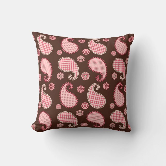 Coussin Motif Paisley, corail rose et chocolat (Recto)