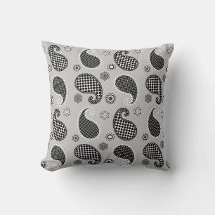 Coussin Motif Paisley, gris argenté, noir et blanc