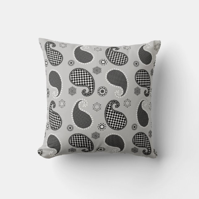 Coussin Motif Paisley, gris argenté, noir et blanc (Recto)