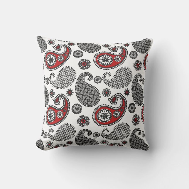Coussin Motif Paisley, noir, blanc et rouge (Recto)
