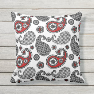 Coussin Motif Paisley, noir, blanc et rouge