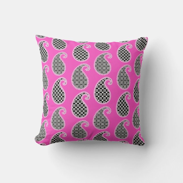 Coussin Motif Paisley, rose fushia, noir et blanc (Recto)