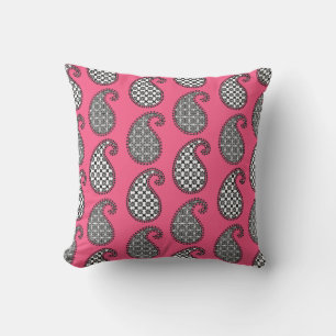 Coussin Motif Paisley, rose fushia, noir et blanc