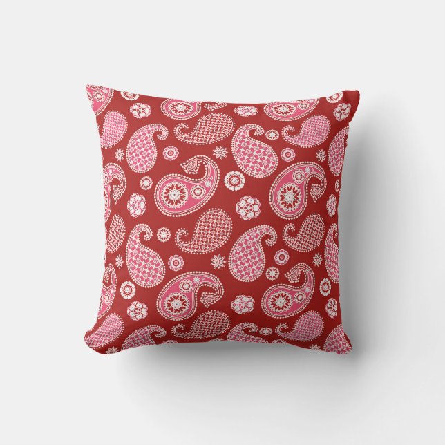 Coussin Motif Paisley, rouge foncé, blanc et rose corail (Recto)