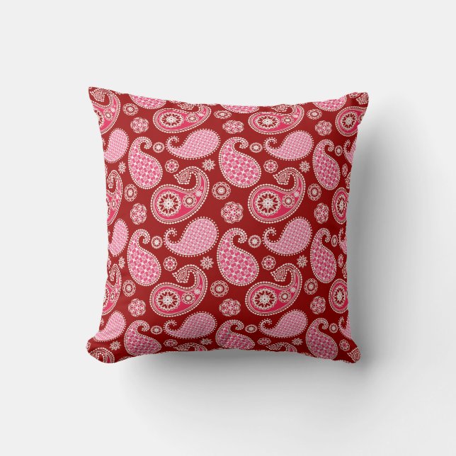 Coussin Motif Paisley, rouge foncé, rose et blanc (Recto)