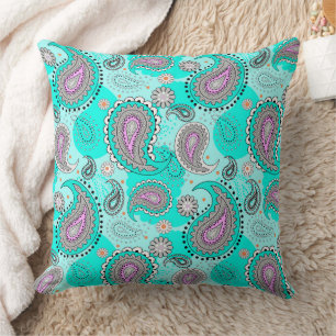 Coussin Motif paisley tribal turquoise traditionnel brilla