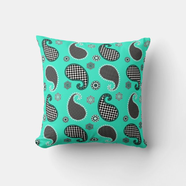 Coussin Motif Paisley, turquoise, noir et blanc (Recto)