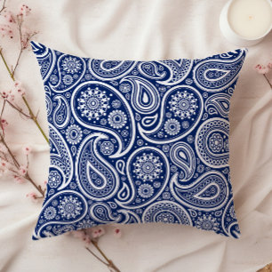 Coussin Motif paisley vintage blanc sur bleu