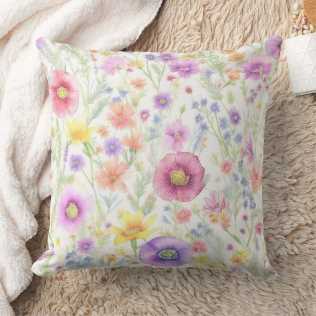 Coussin motif pastel de fleurs sauvages douces (Couverture)