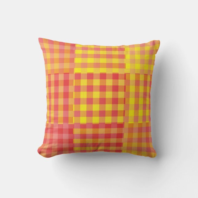 Coussin Motif Patchwork à Carreaux Rouge Jaune (Recto)