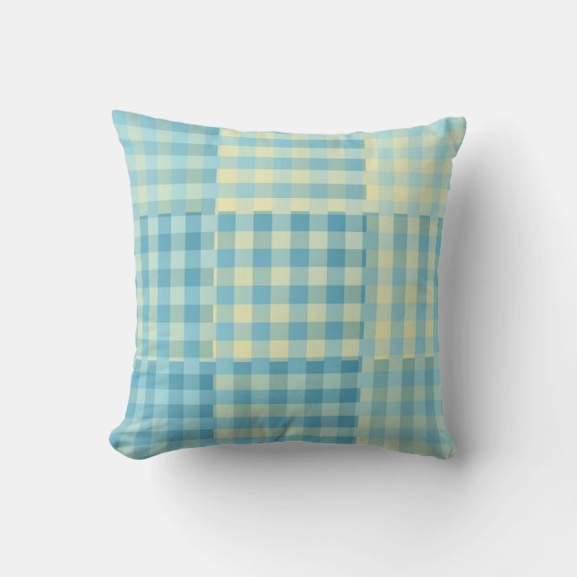 Coussin Motif Patchwork Damier Jaune Bleu (Recto)