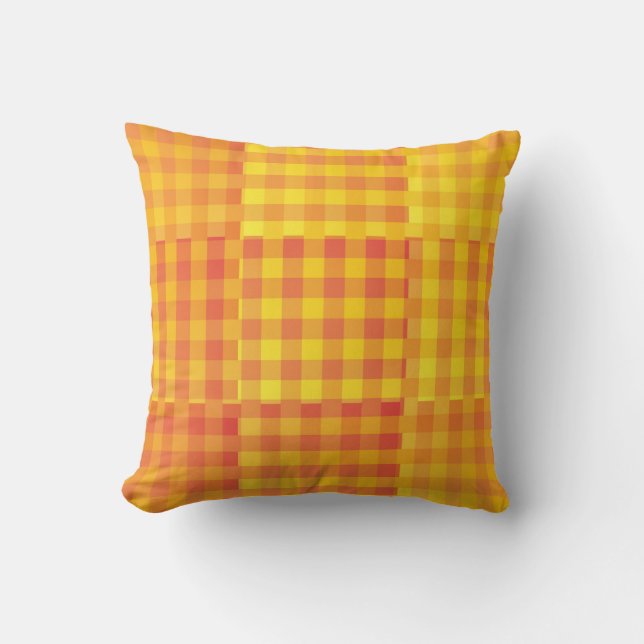 Coussin Motif Patchwork Damier Jaune Orange (Recto)