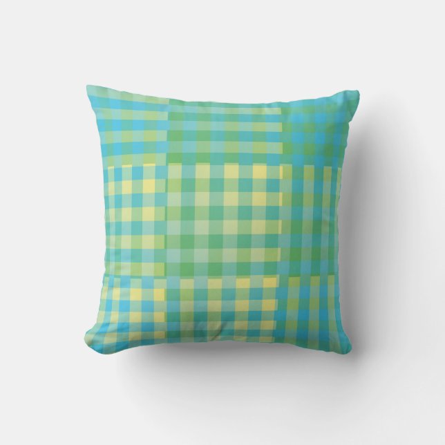 Coussin Motif Patchwork Damier Vert Bleu Jaune (Recto)