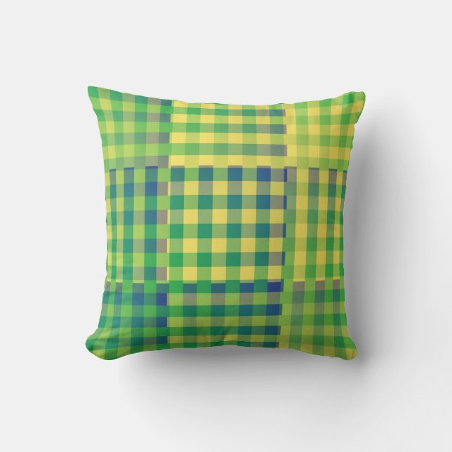 Coussin Motif Patchwork Damier Vert Bleu Jaune (Recto)