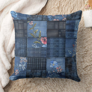 Coussin Motif patchwork floral indigo   Denim bohème