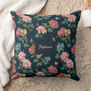 Coussin Motif Peony vintage coloré sur Arrière - plan noir