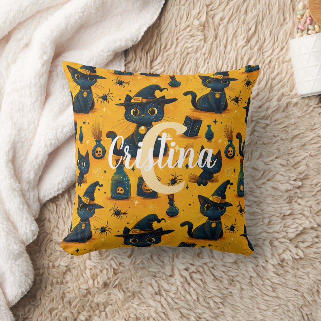 Coussin Motif personnalisé de chats noirs mignons orange H (Couverture)
