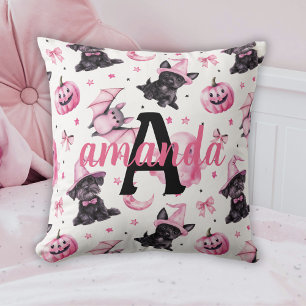 Coussin Motif personnalisé de Halloween rose avec des chie